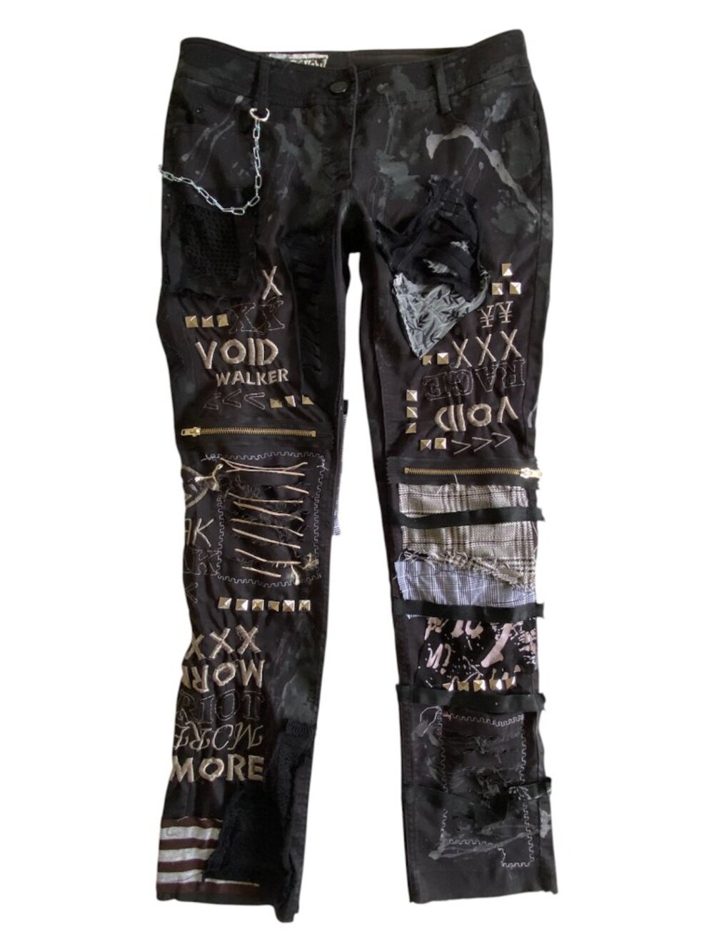 Custom DIY Crust Punk Patchwork Pants Mall Goth Distressed Fits SZ Xsm Low Rise
